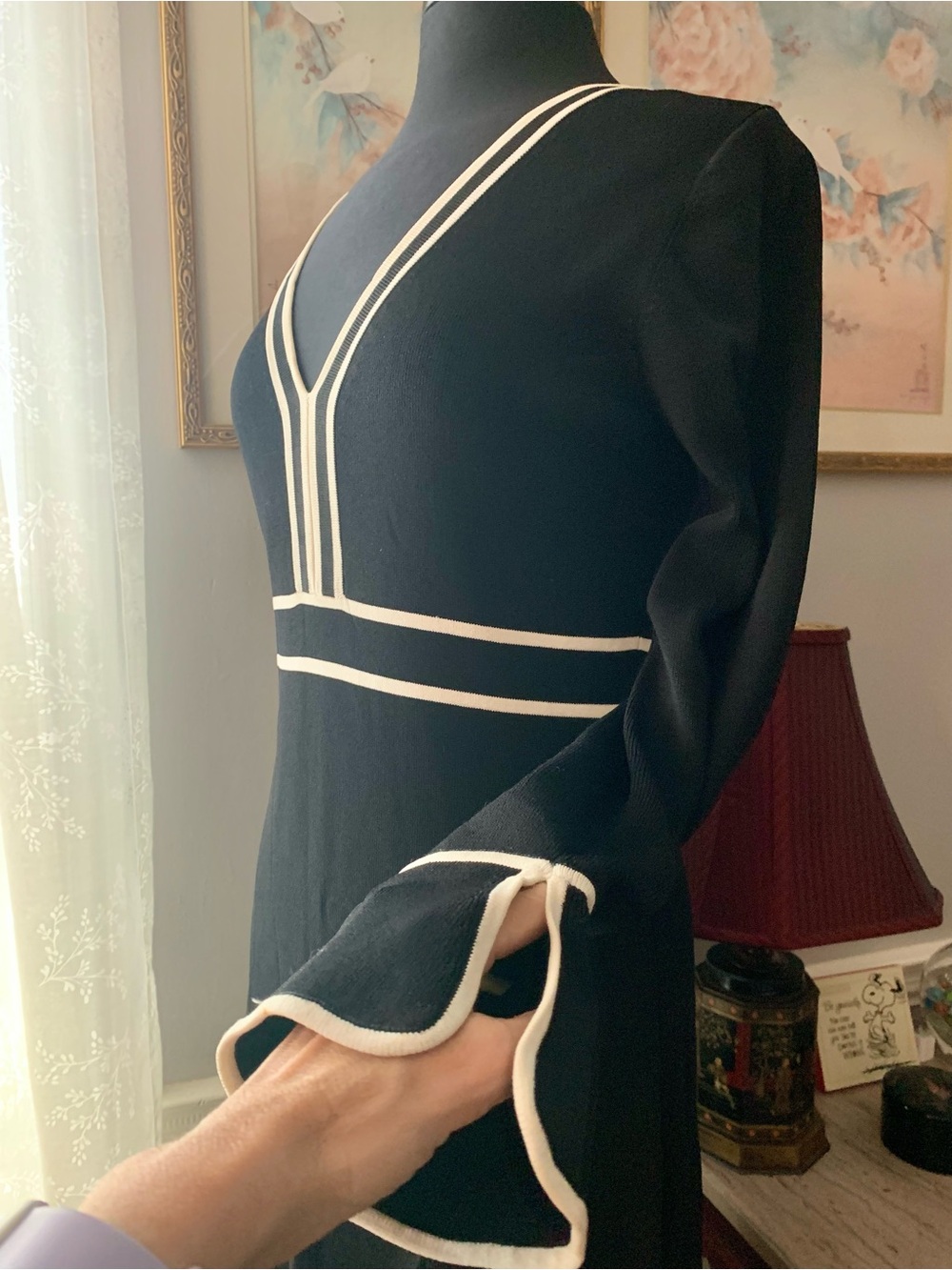 Max Studio Black Contrast Trim Long Sleeve V-Neck Knit Sweater Dress